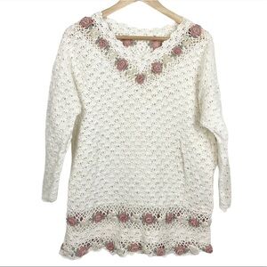 VINTAGE Crocheted Flower Embellished VNeck Sweater